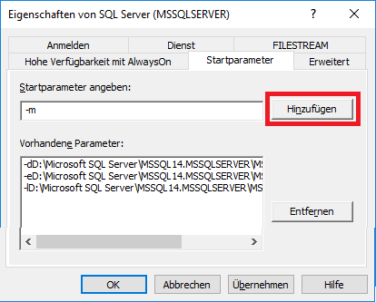 Die Startparameter des SQL Server-Diensts